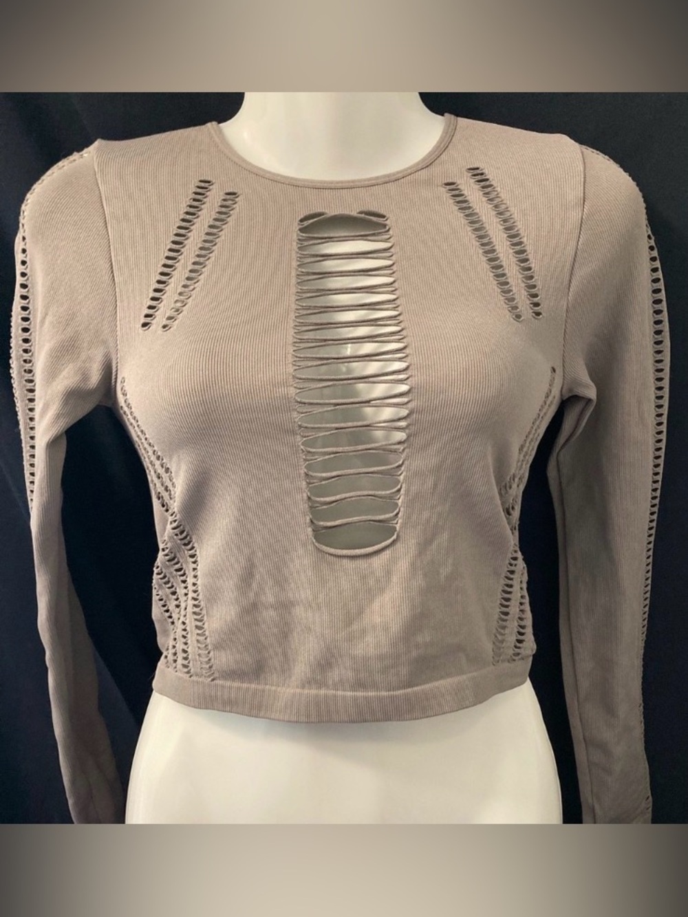 B.DY Garage Taupe Shredded Cutout Ribbed Crop Top Long Sleeve Size S